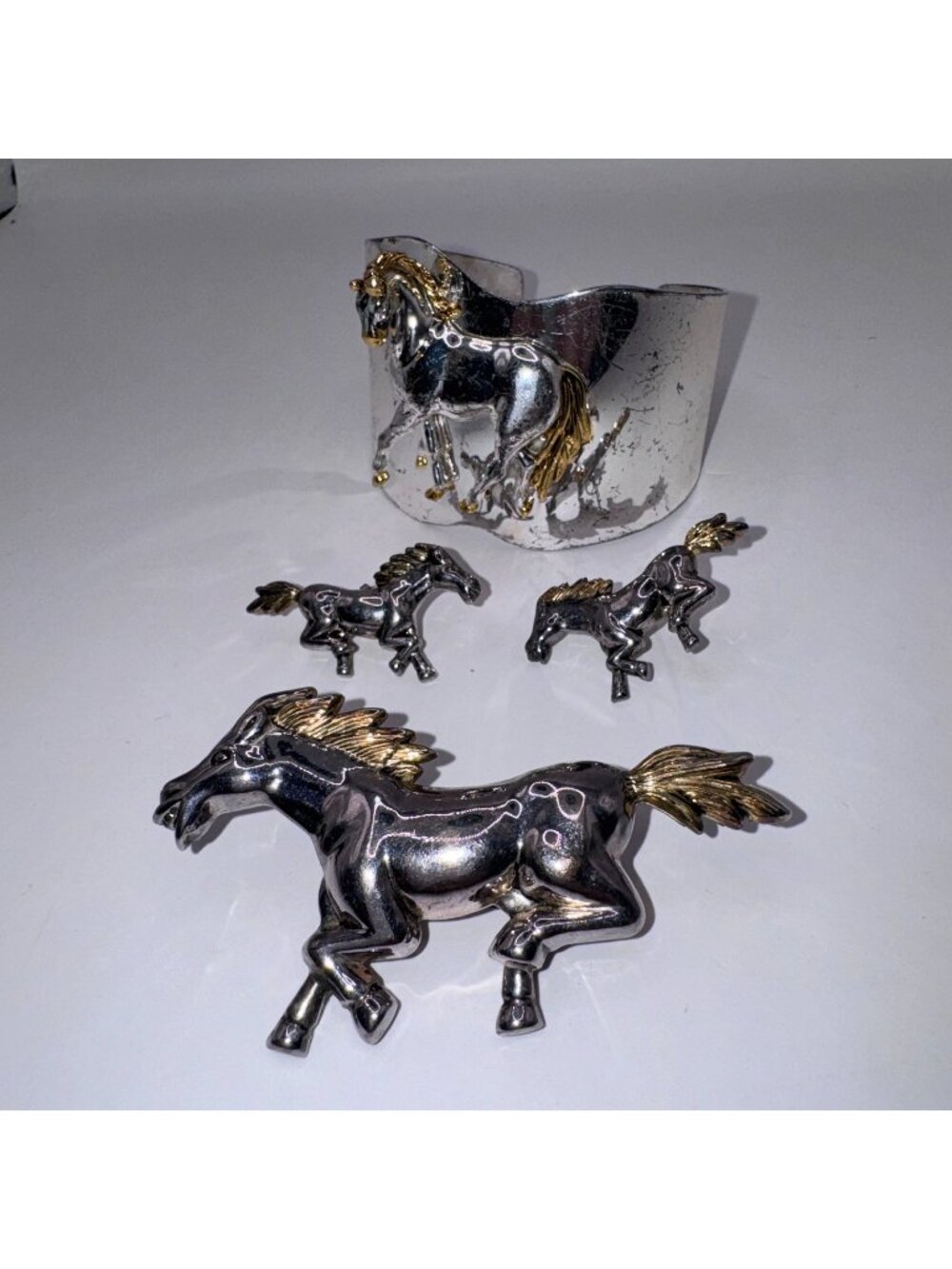 Vintage Horse Cuff Bracelet Earrings & Pin Silver Gold Tone Equestrian Set